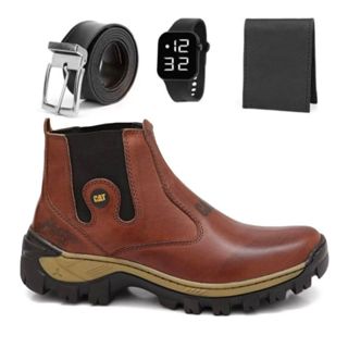 Bota Botina Masculina Adventure Trilha De Couro Reforcada Com Solado Impermeável Leve e Macio + Relogio Cinto e Carteira em Oferta na Shopee