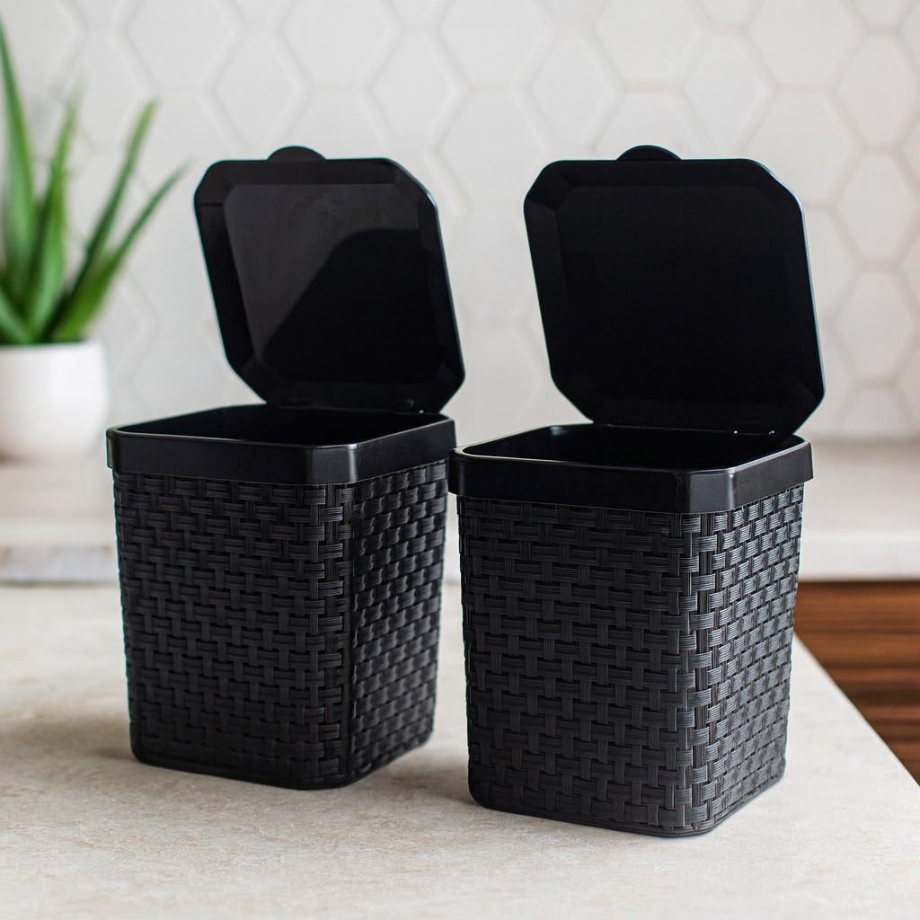 Kit 2 Lixeira 5L de Pia Rattan Com Tampa Preta Lixo Pequeno Descarte de Resíduos Para Cozinha Casa