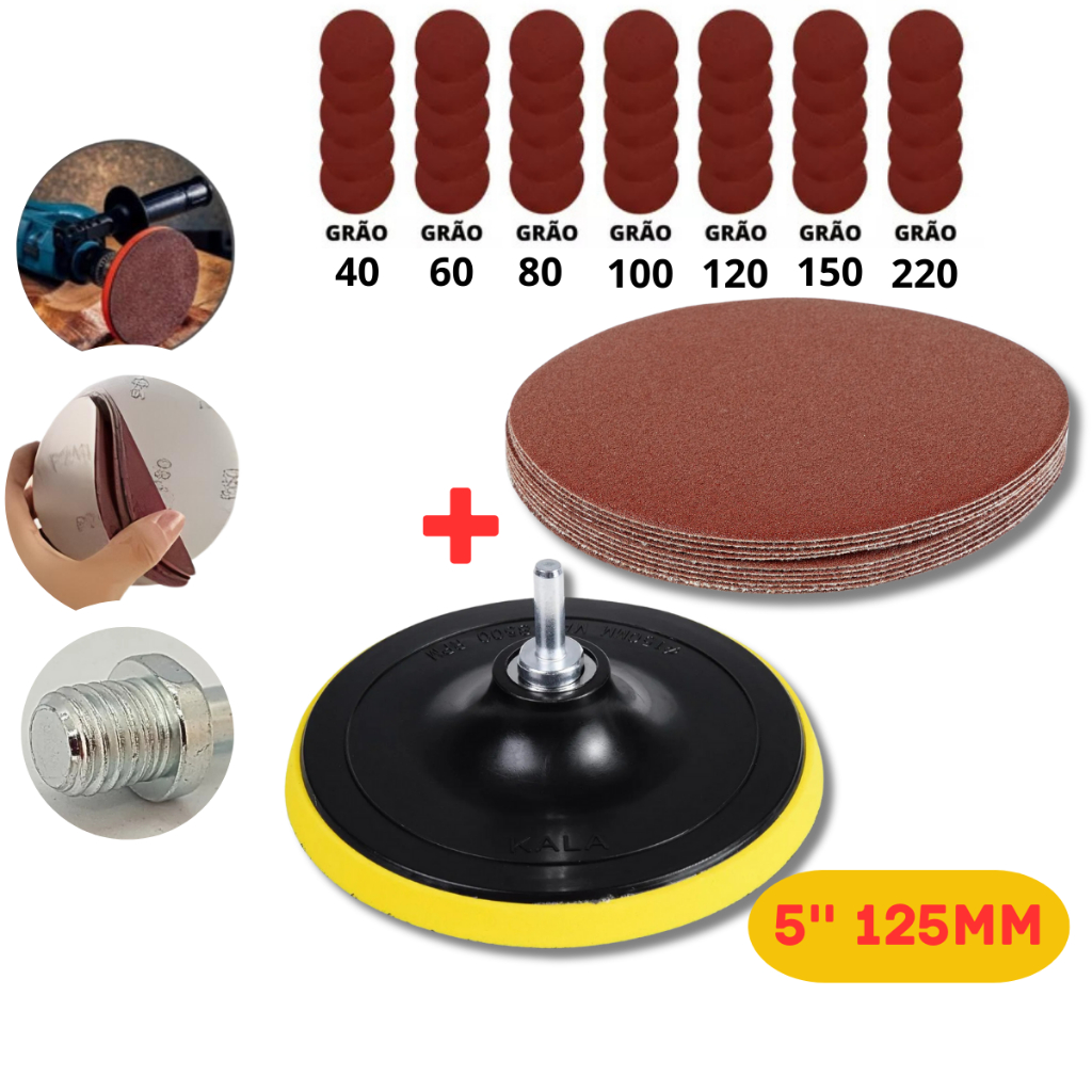 Suporte De Lixa De Velcro 125mm + 10 Disco De Lixa + Adaptador Para Uso Em Parafusadeira E Furadeira em Oferta na Shopee
