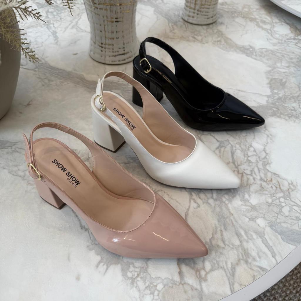 Scarpin Feminino Bico Fino SlingBack Abotoar Tira Atrás Salto Alto Bloco 8cm Social Macio Liso em Oferta na Shopee