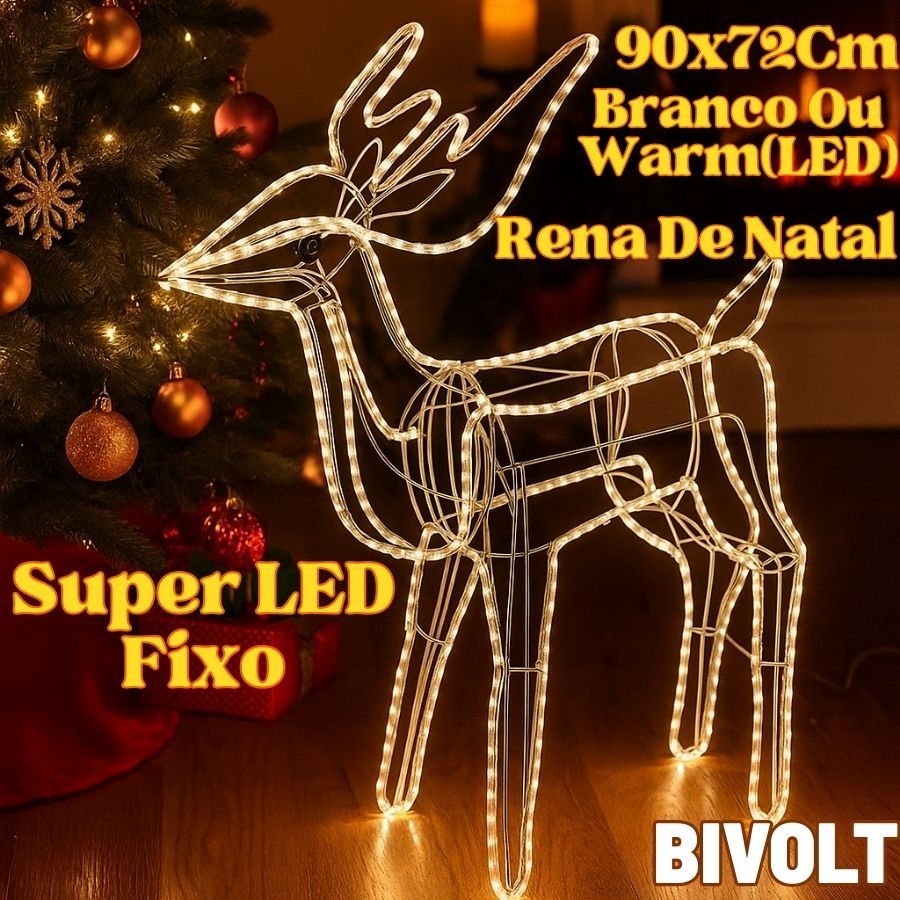 Rena De Natal 90x72Cm 110V/220V Bivolt Mangueira Branco Ou Warm Super LED Fixo Natalina
