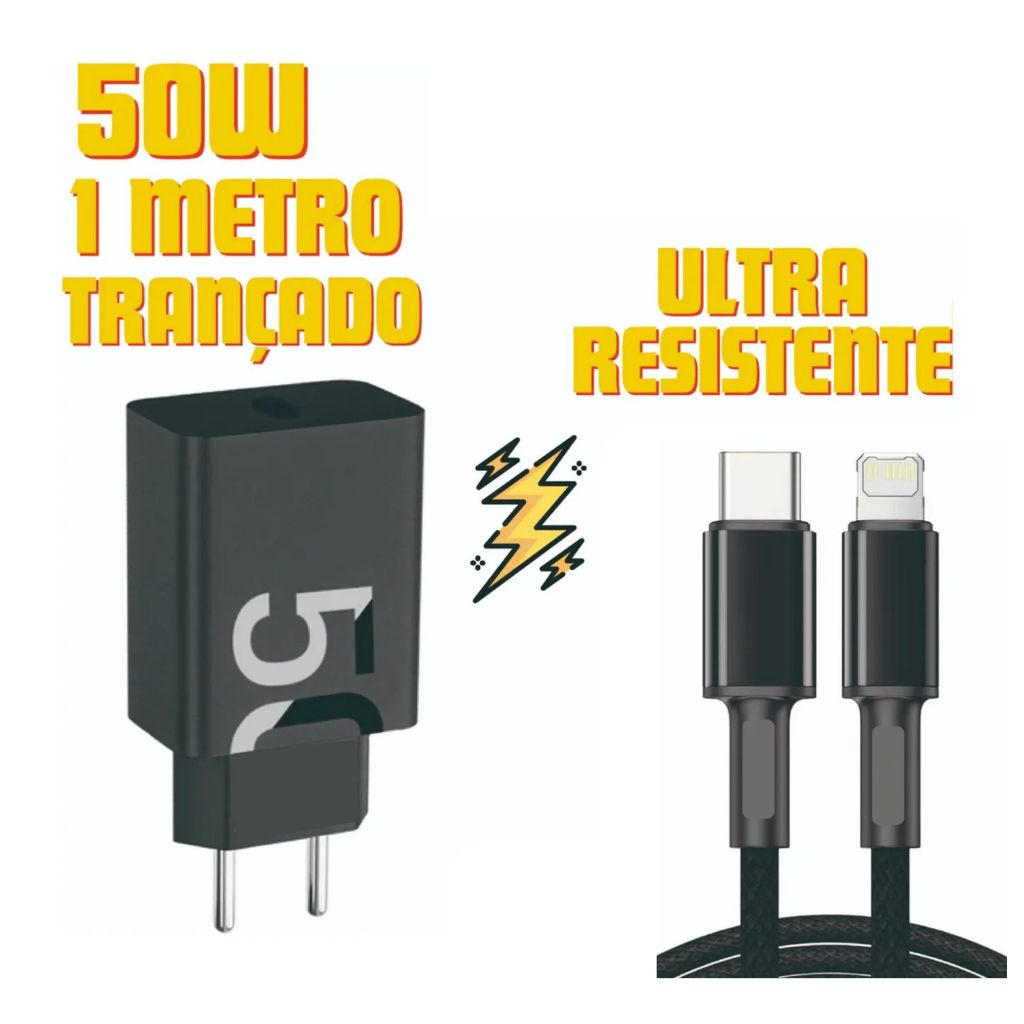 Carregador TURBO 48 50W Ultra Resistente +Cabo Trançado Pd-Lightning p/Iphone XR 11 12 13 14 Pro Max