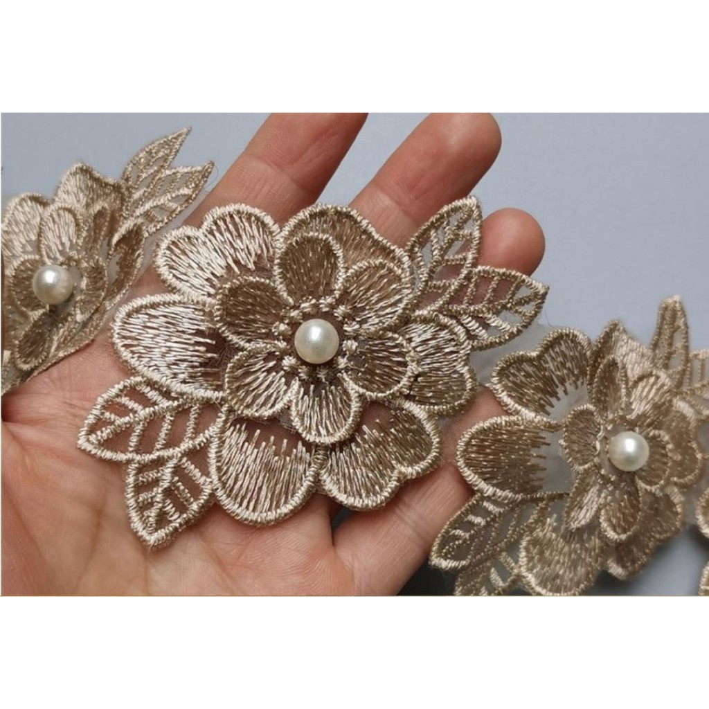Aplique De Renda Bordado 6 Flores Patch Costura Dourado
