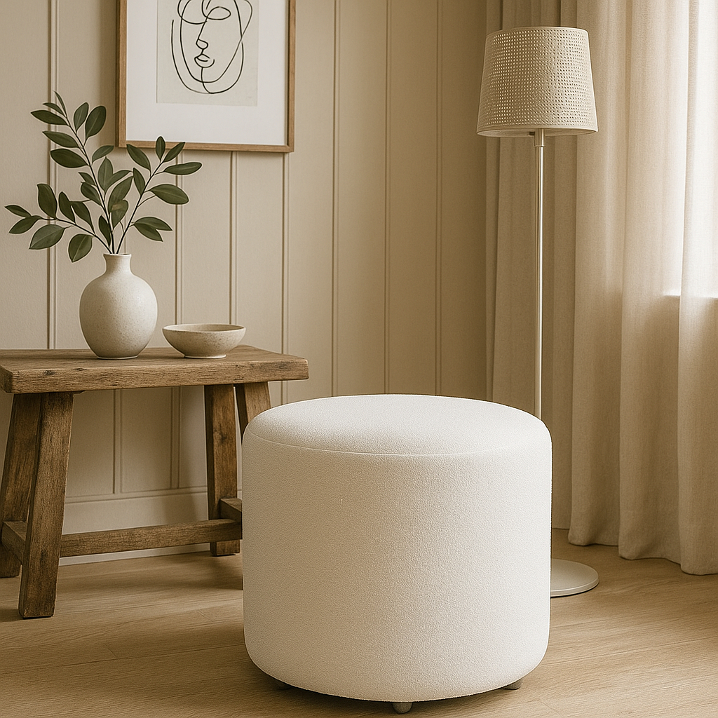 Puff Bouclé Aura Estilo Orgânico Tecido Boucle Redondo para Sala Quarto Recepção - Casa Vi...