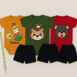 Body Bebê com Shorts Safari – Roupinha Infantil Estampa de Animais Menino Menina