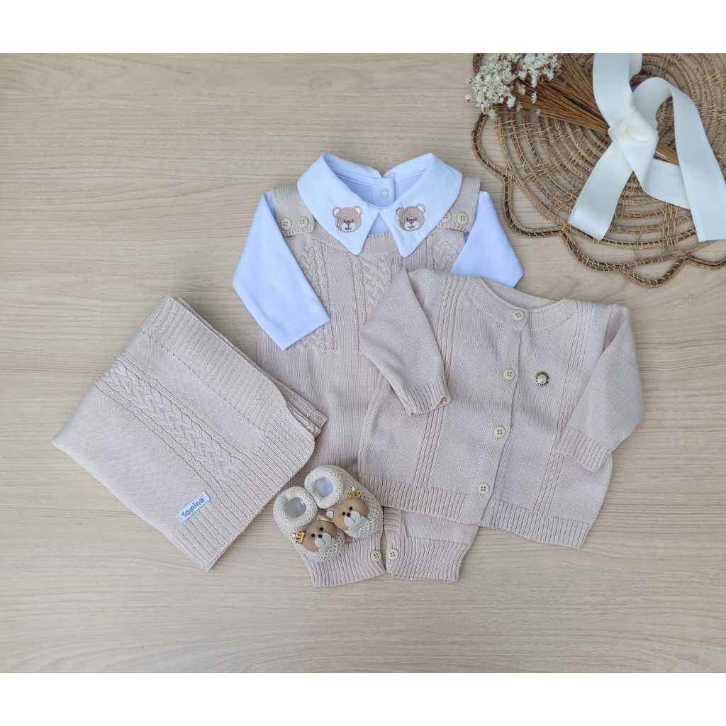Saída maternidade menino Madrid Bege tricot tema urso 5 peças em Oferta na Shopee