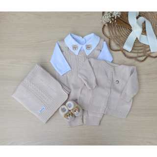Saída maternidade menino Madrid Bege tricot tema urso 5 peças em Oferta na Shopee