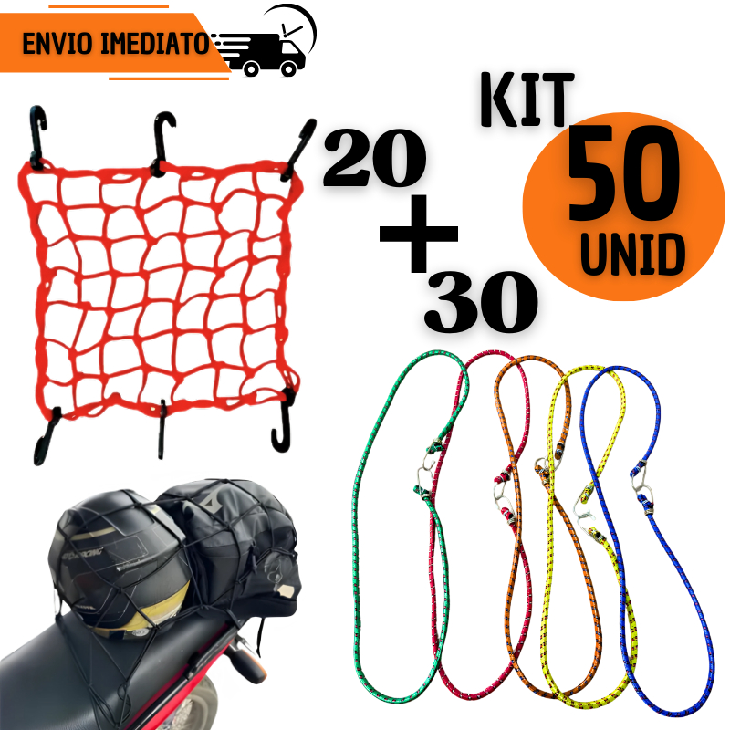 Kit 30 Elásticos + 20 Rede Aranha Bagageiro Moto Corda Elástica com Ganchos