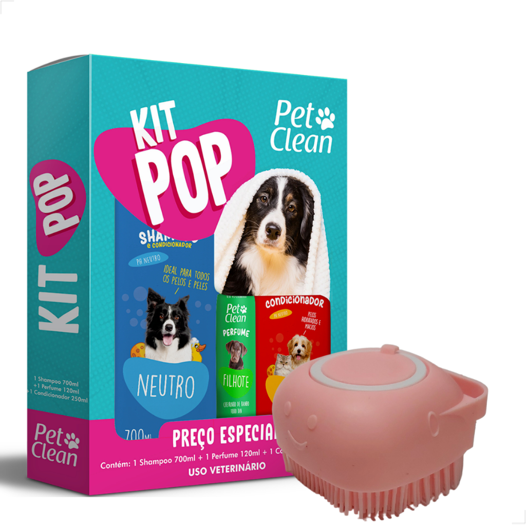 KIT Shampoo, Perfume, Condicionador e Esponja lava Pelos Pet Clean Cães e Gatos
