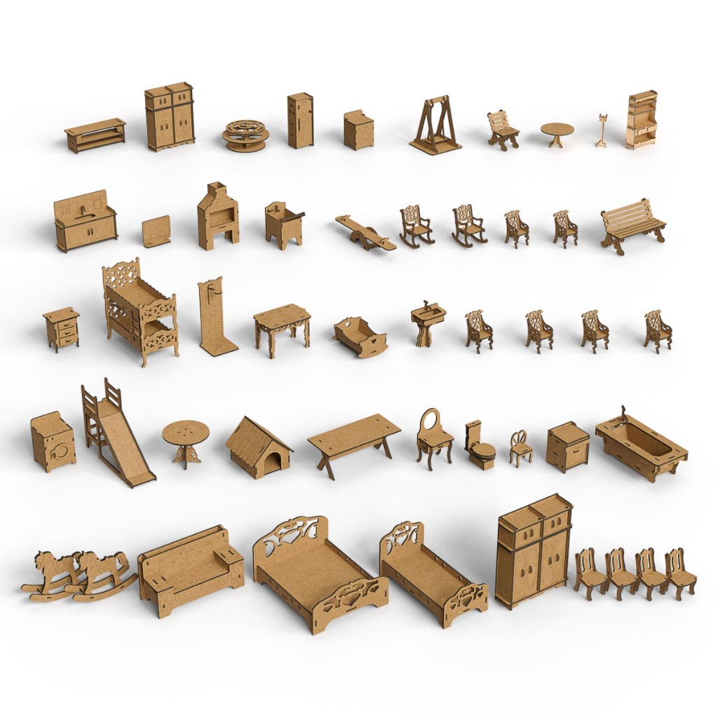 Kit 52 Mini Móveis para Casa De Bonecas de 80cm Desmontados Brinquedos - MDF Criativa