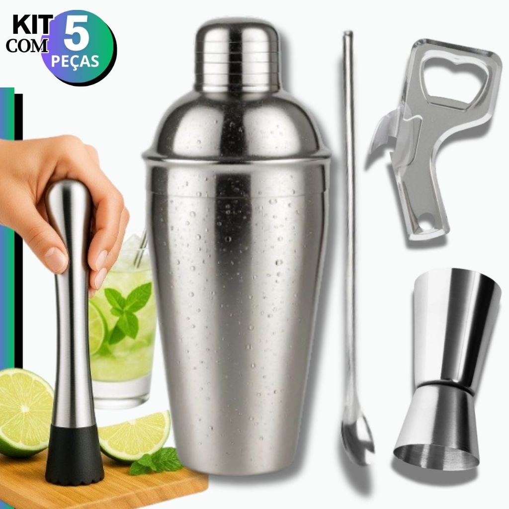 Kit Coqueteleira Caipirinha 500 ML Profissional 5 Peças Inox Socador Dosador Colher Alta Qualidade em Oferta na Shopee