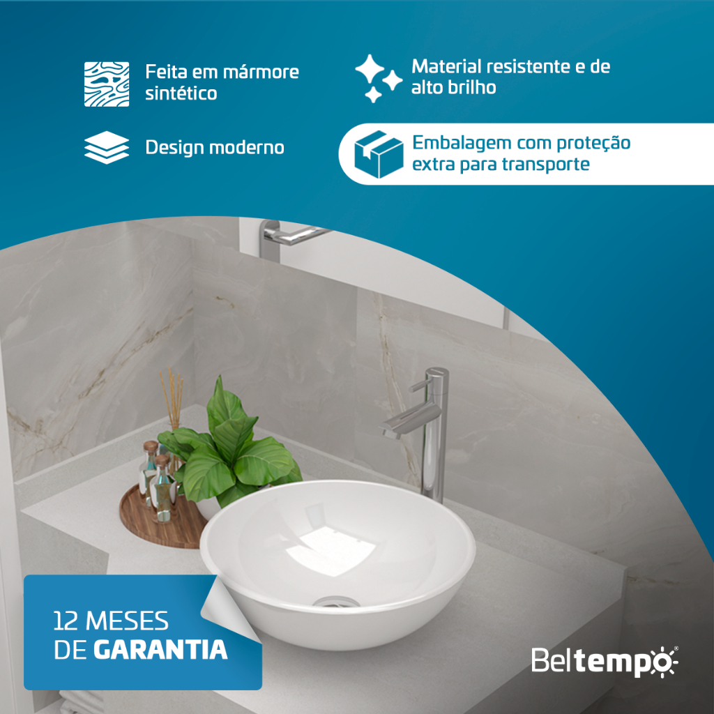 Detalhes do Cuba Pia de Apoio Sobrepor Redonda 35cm Branca Banheiro Lavabo Beltempo BT-3073