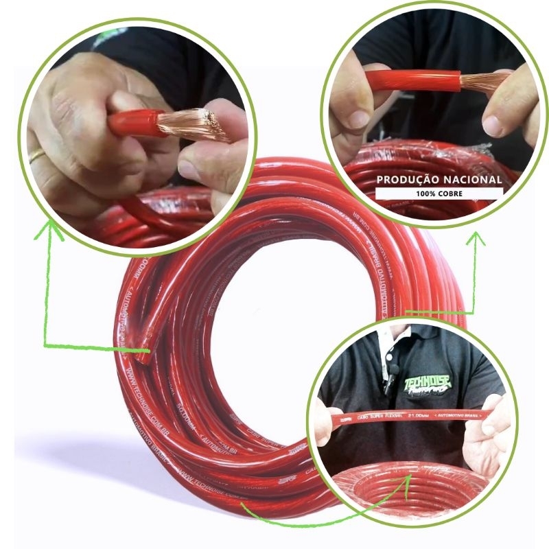 Cabo Bateria 16mm 3 metros 100% Cobre fio alimentação som automotivo 16,00mm