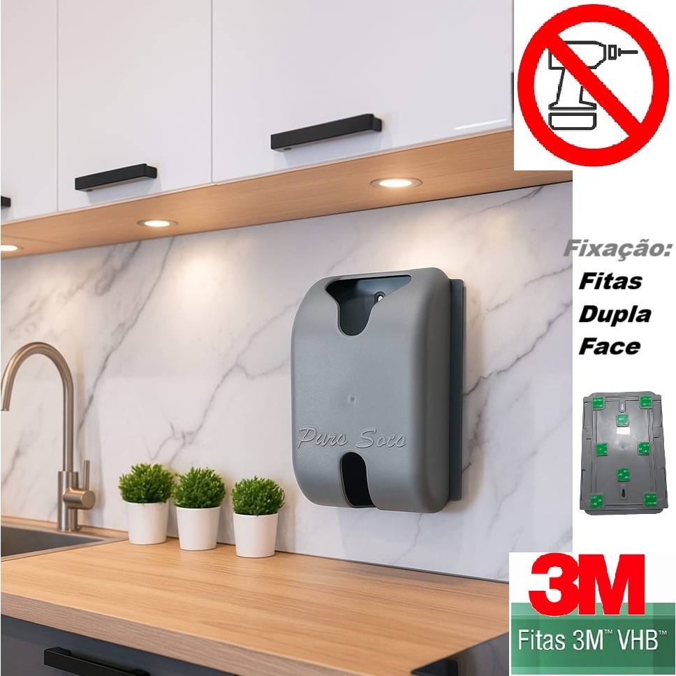 Puxa Saco Cinza Dispenser com Fixação Fita 3M