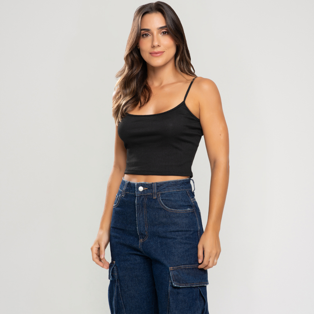 Blusa Feminina Cropped Alcinha Canelado Básico