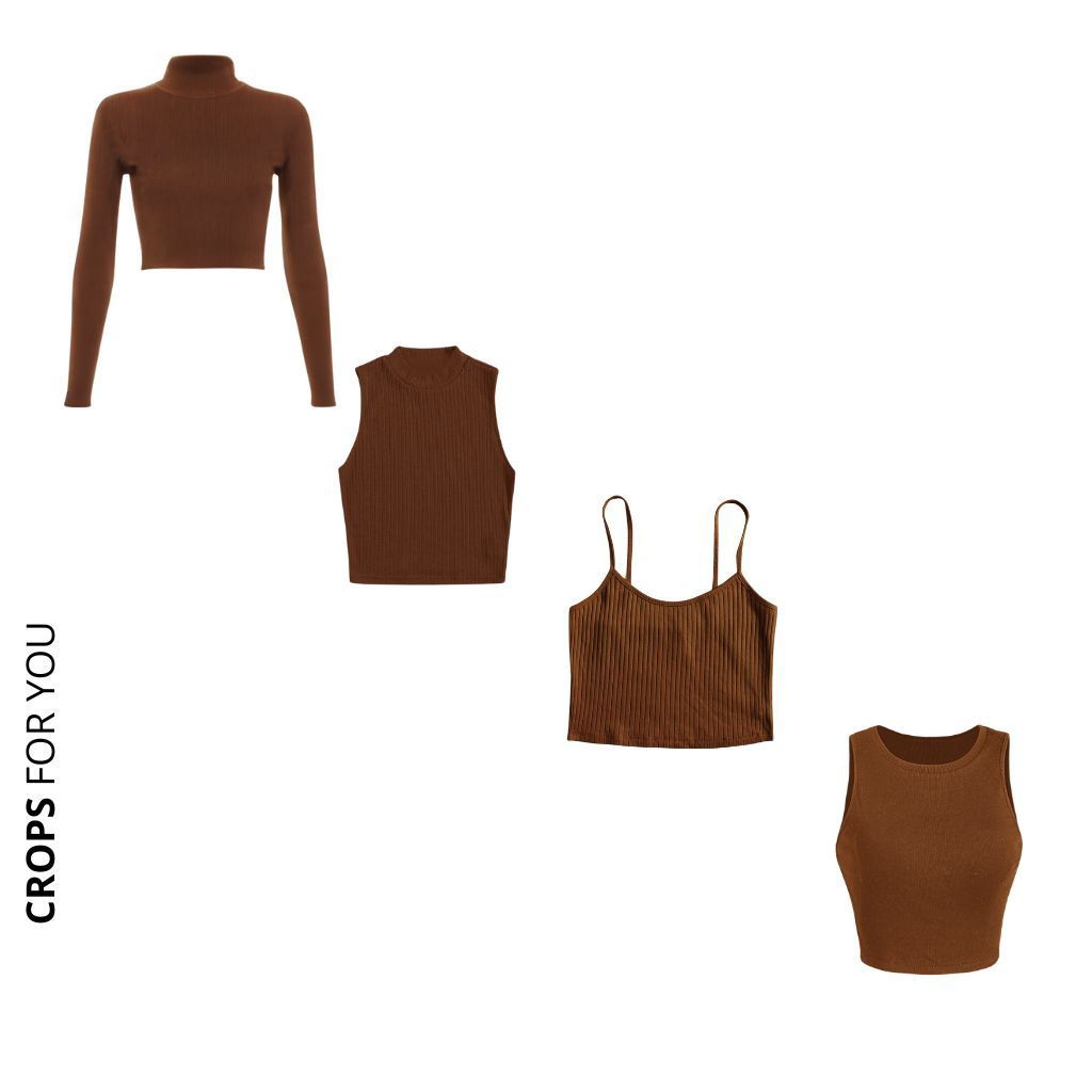 Conjunto 4 Croppeds Modelos Variados, Manga longa, Gola Alta, Alcinha e Regata Canelados