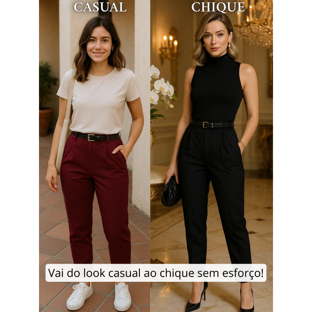 CALÇA FEMININA ALFAIATARIA CINTURA ALTA COM ZÍPER NA LATERAL ACOMPANHA CINTO