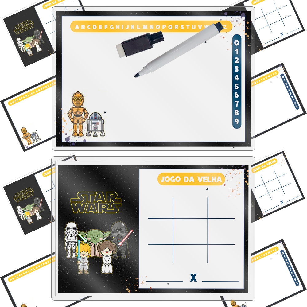 20 Mini Lousa do Tema Star Wars cute com Jogo da Velha no Verso da Lousa..