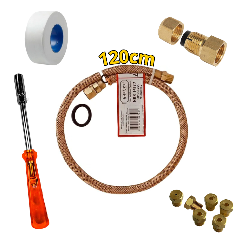 Kit de Conversão Completo GLP para GN Natural Encanado Mangueira 120cm - Injetores - Chave Adap Dako