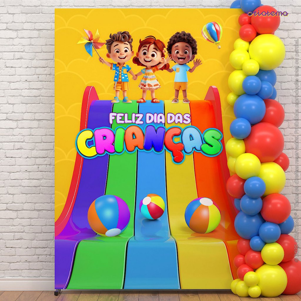 Painel Feliz Dia das Crianças Festa Retangular Lateral Sublimado Tecido 1,50x2,20 - ANV-3109