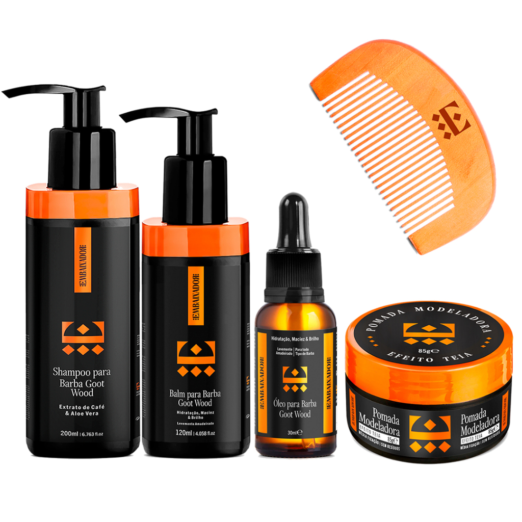 KIT PARA BARBA E CABELO SHAMPOO + BALM + ÓLEO + POMADA + PENTE PARA BARBA - GOOT WOOD EMBAIXADOR