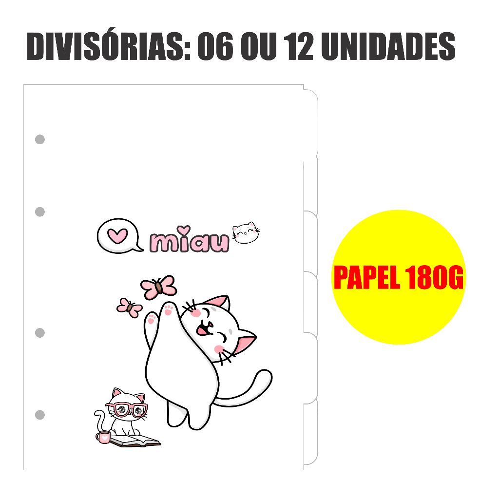 Divisórias Tamanho Colegial Papel 180Gramas Grosso - Tema Gatinha - Escolha 6 ou 12 Unidades - Gatinha em Oferta na Shopee
