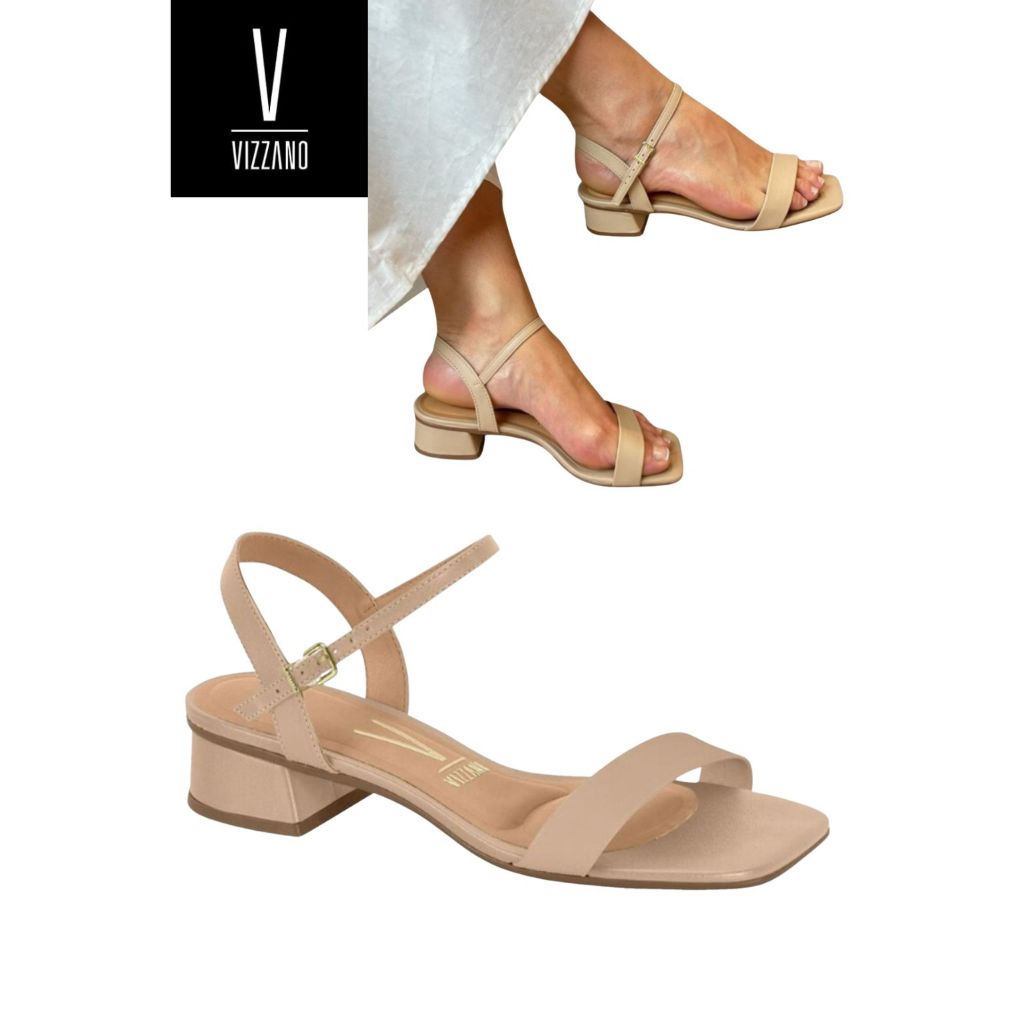 Sandália Feminina Vizzano Salto Bloco Grosso Baixo Gisele Básica Conforto Quadrado Bege Preto