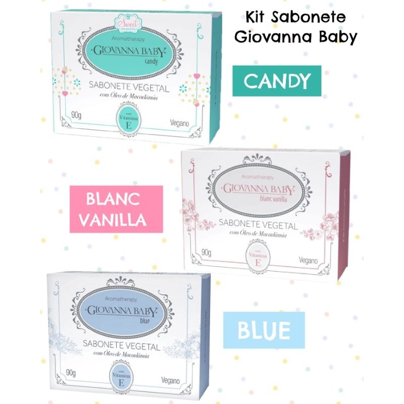 Kit com 3 Sabonetes Giovanna Baby Blanc Vanilla + Blue + Candy Vegetal Hidratante 90g