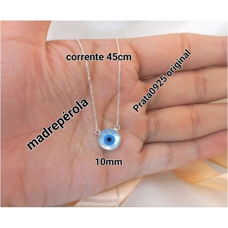 Colar de Prata 0925 original olho grego madrepérola com aro de prata em volta da pedra