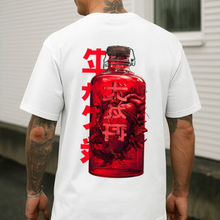 Camiseta Masculina Streetwear Frasco Coração Vermelho Japonês Estampada Camisa Unissex Algodão Lançamento