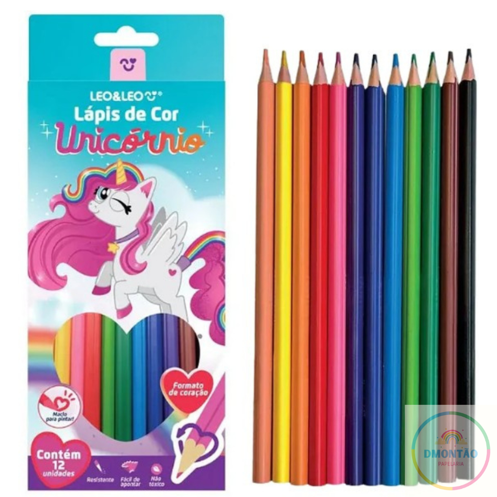 Lápis De Cor Formato Coração Unicórnio - Caixa C/12 Unid. Leo&Leo