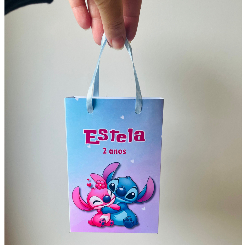 SACOLINHAS PARA LEMBRANCINHAS PERSONALIZADA STITCH E ANGEL |MINI SACOLINHA PERSONALIZADA |SACOLINHA SURPRESA PEGUE MONTE