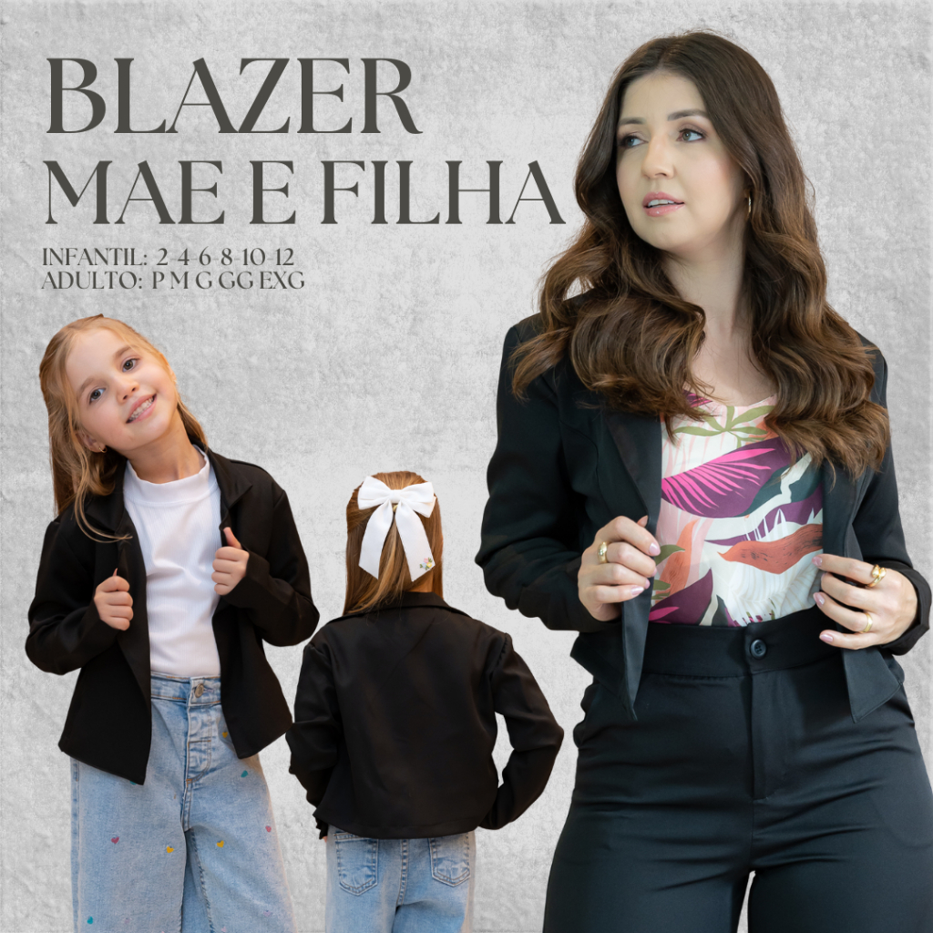 Blazer Mãe e Filha no Alfaiataria Feminino Infantil Casual Elegante do 2 ao 12 anos e do P ao EXG