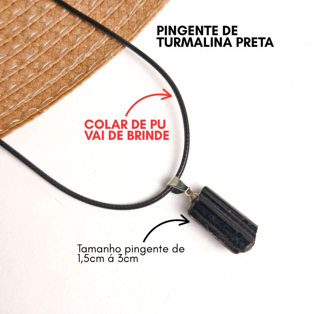 Pingente de Turmalina Negra Bruta - Pedra 100% Natural Bruta - Ganhe colar de PU