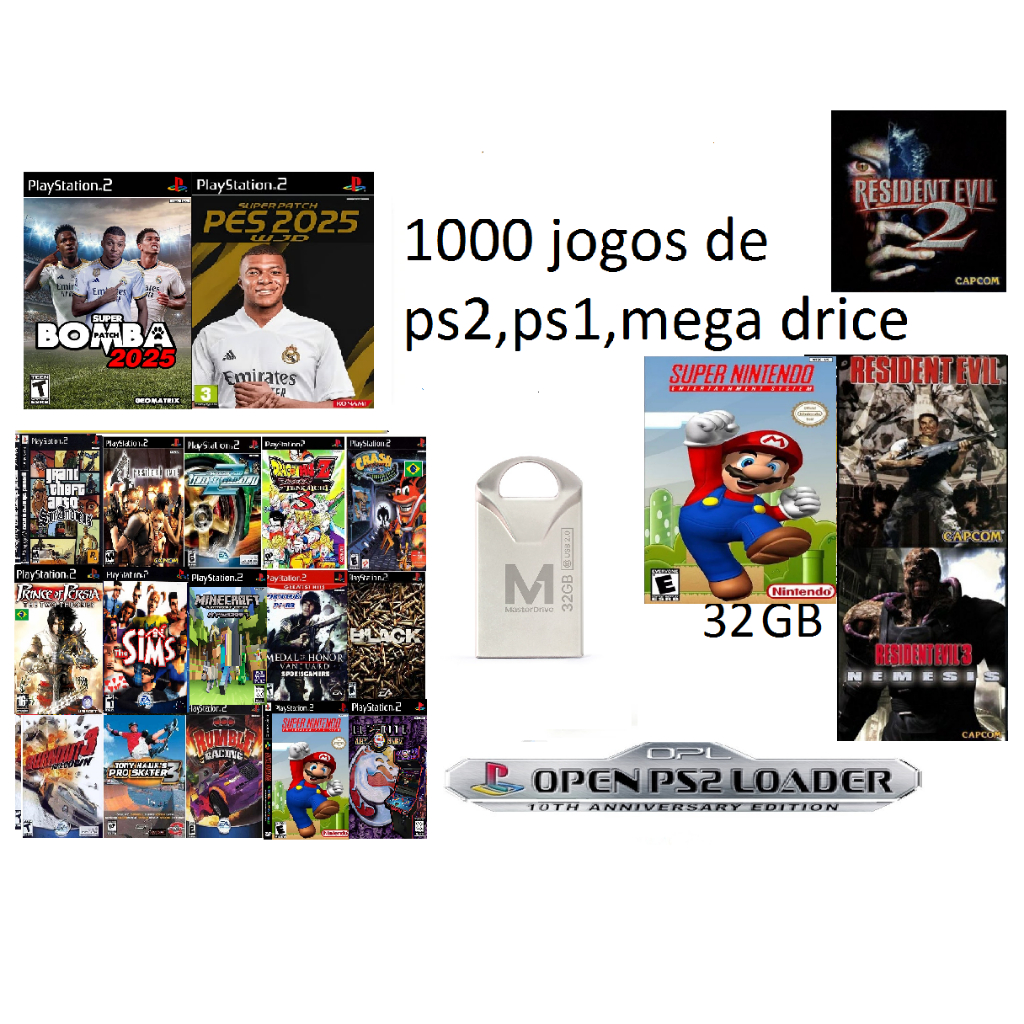 Pen Drive 32gb com 1000 jogos Ps2 Ps1 Super Nintendo para OPL