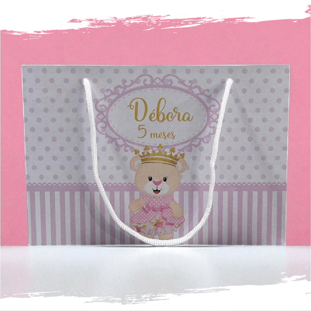 Sacolinha de Festa Ursinha Lembrancinha Personalizada Kit Festa Sacola Deitada Reta Princesa