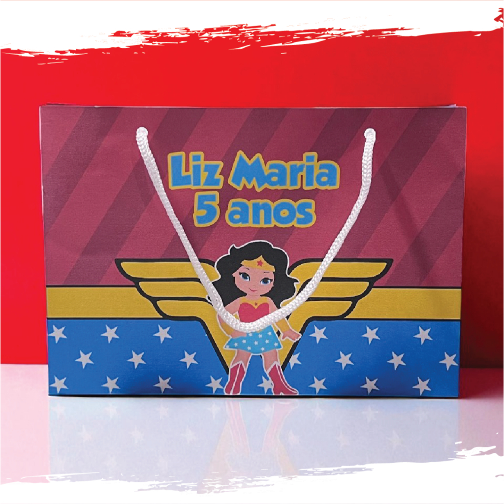 Sacolinha de Festa Mulher Maravilha Lembrancinha Personalizada Kit Festa Sacola Deitada Reta