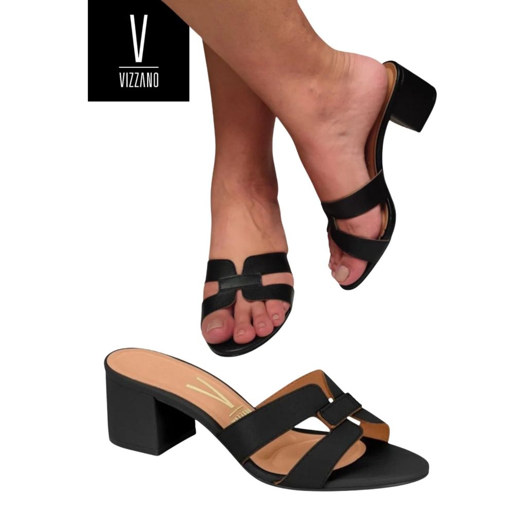Sandalia Feminina Vizzano Tamanco Modelo H Salto Grosso Médio Conforto Moda Camel Preto Fashion