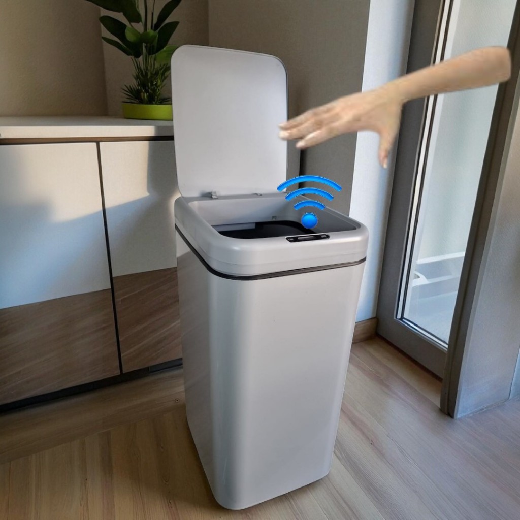 Lixeira Com Sensor Automática Inteligente Grande Cinza 20 Litros á Pilha Banheiro Cozinha Escritório