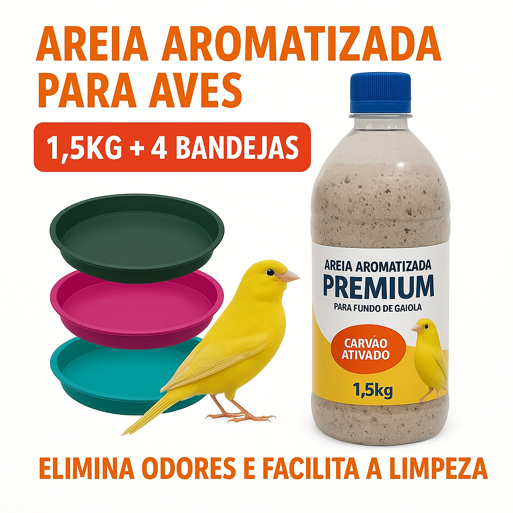 Areia Premium para Aves 1,5kg com Carvão + 4 Bandejas – Limpeza Fácil e Gaiola Sem Odores