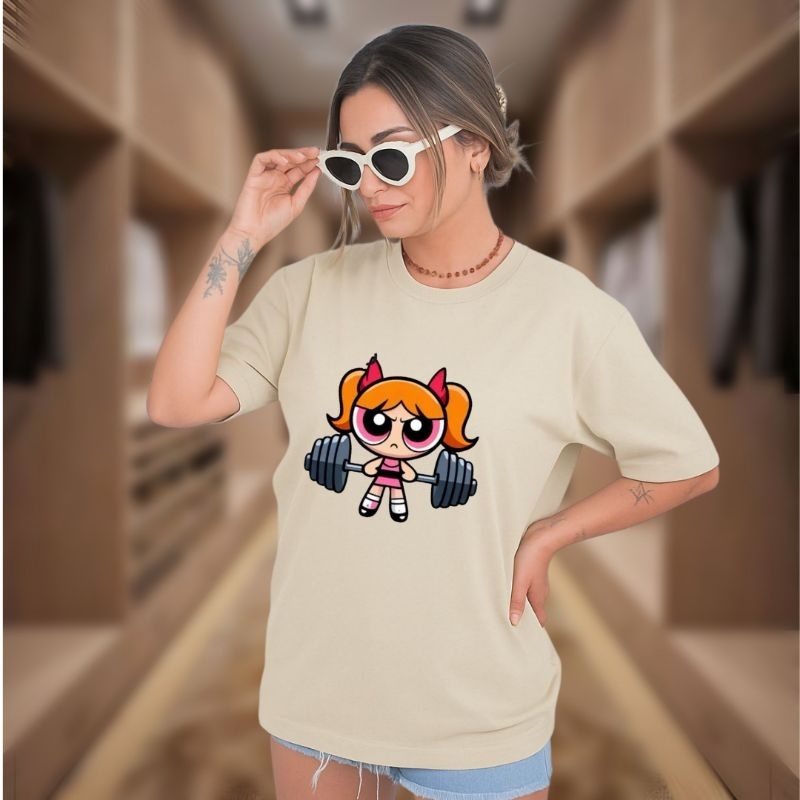 Camiseta 100% algodão premium streetwear Meninas super poderosas florzinha academia exercício peso maromba gim musculaçã