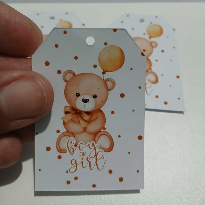 Etiquetas Tags Personalizadas para Chá Revelação Ursinho bege com dourado - já com furo ENVIO RÁPIDO