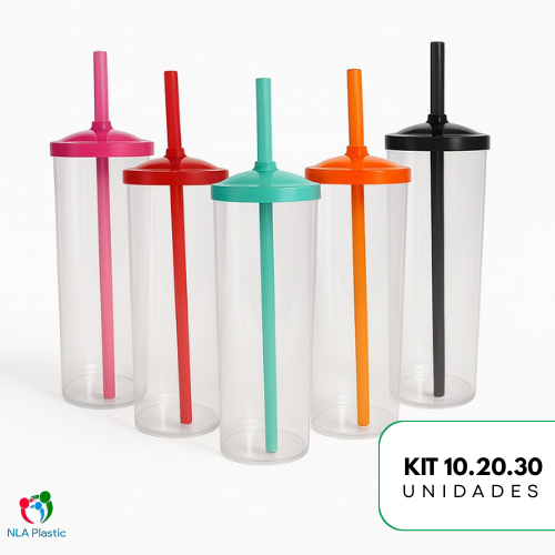 Kit 10 20 30 Copo Long Drink 350ml Transparente Com Tampa e Canudo Ideal para Festas Brindes Eventos