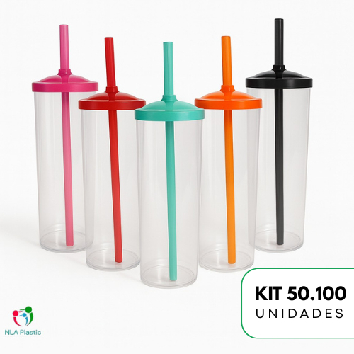 Kit 50 100 Copo Long Drink 350ml Transparente Cristal Com Tampa e Canudo Para Festas Brindes Eventos