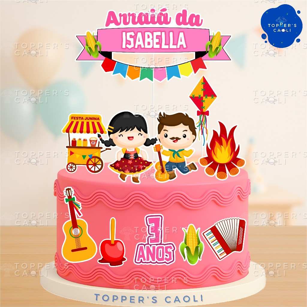 Topo de Bolo Festa Junina Menina Rosa Arraiá (Topper) Decoração Festa