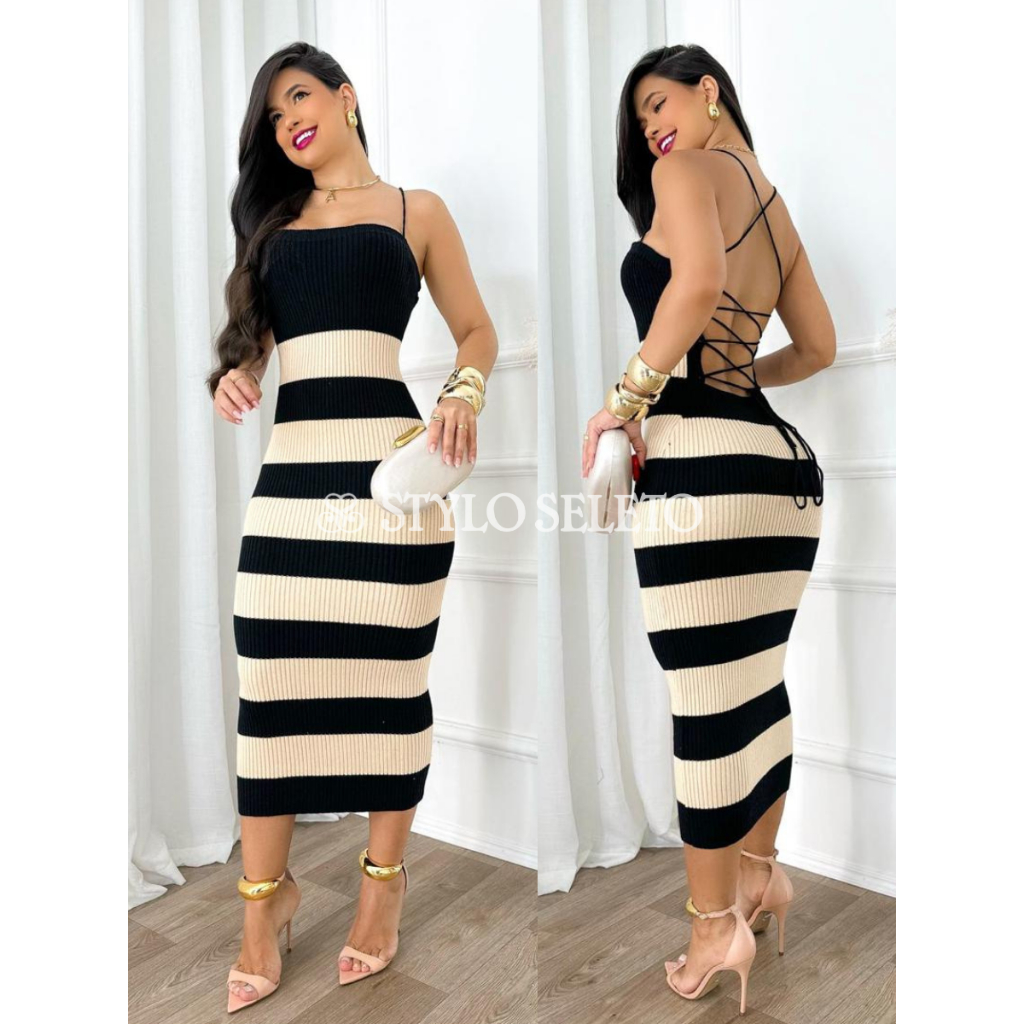 VESTIDO TRICÔ CANELADO LISTRADO em Oferta na Shopee