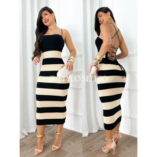 VESTIDO TRICÔ CANELADO LISTRADO em Oferta na Shopee