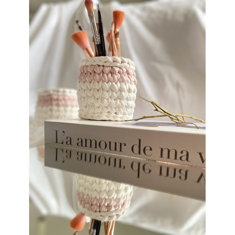 porta pincel maquiagem de crochê fio de malha organizador de maquiagem artesanal barato promoção