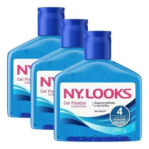 Gel Fixador NY Looks Azul 240g Mega Forte Fator 4 Sem Álcool – Kit c/3