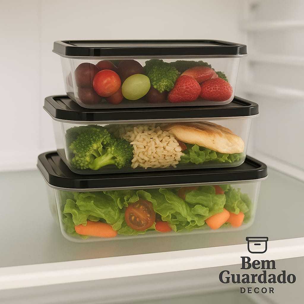 Kit 9 Potes Retangulares 3x 500ml + 3x 800ml + 3x 1000ml–Marmita Fitness Transparente Fumê–BPA Free